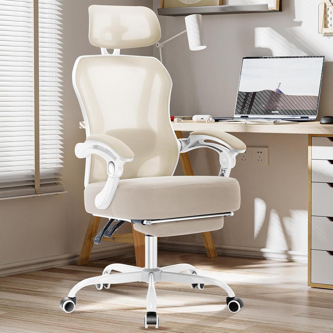 Ergonomic Office Chair with Footrest,Ultra Thick Reclining Desk Chair with Adjustable 2D Lumbar Support and Headrest,Spring Cushion,High Back Premium Mesh Computer Chair,Cream