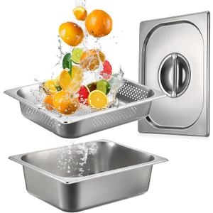 BSTKEY Stainless Steel Hotel Pans Half Size, 4 Inch Deep Steam Table Pan with Perforated Steam Tray and Lid, Warmer Breading Tray Food Pans for Kitchen Restaurant Supplies
