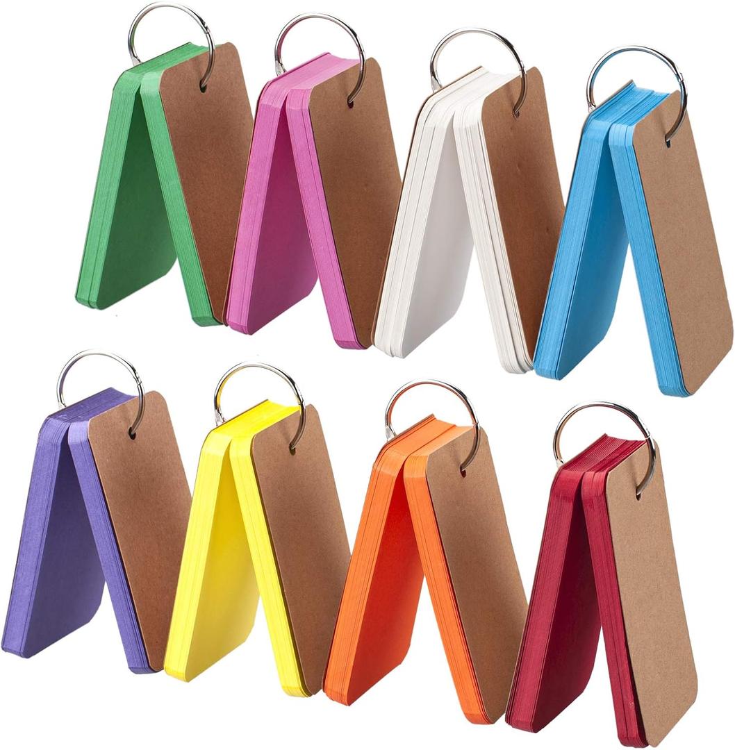 Blank Flash Cards with Ring for Studying, Colored Index Cards with Ring 8 Pack, 2.2"x3.5", 400 Counts Note Cards Heavy Weight, Hole-punched Cardstock, Word Vocabulary Card, Playing Cards