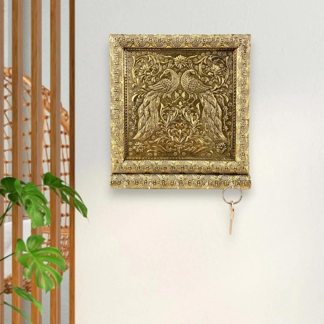 LOVENSPIRE Peacock Design Frame Key Holder for Wall Decorative, Hand Crafted Wall Hooks for Hanging Stylish Key Stand Home Office Decor Housewarming Gift 5 Hooks (Pack of 1)