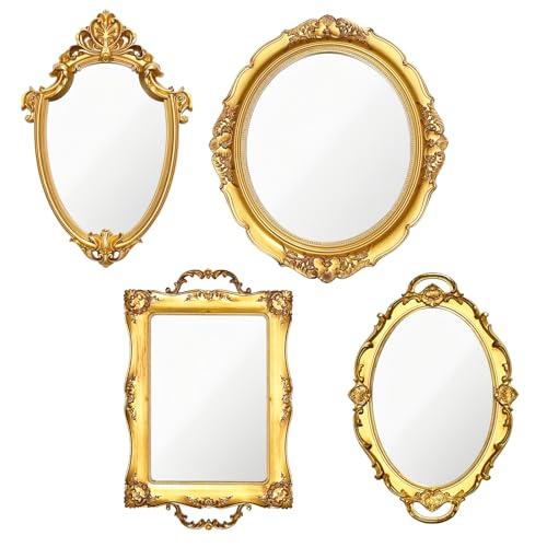 3 PCS Vintage Gold Mirror Set Vintage Mirrors for Wall Antique Shield Shape Square Oval Decorative Mirror Jewelry Dresser Organizer Tray for Living Room Bedroom Wedding Desktop Photography Decoration