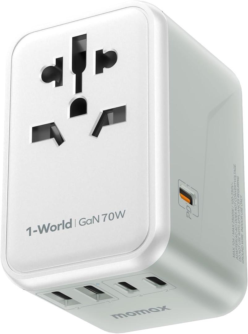 MOMAX Universal Travel Adapter, 70W GaN International Power Adapter, 3 USB-C & 2 USB-A, Worldwide Travel Plug Adapter, International Power Adapter for Most Europe, USA Japan, Australia (Type C/A/G/I)