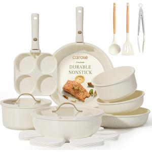 CAROTE 19pcs Pots and Pans Set Non Stick, Cookware Set with Detachable Handle, Kitchen Cookware Sets with Removable Handle, RV Cookware Set, Oven Safe, Cream White