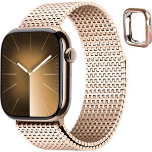 Fullmosa Compatible with Apple Watch Bands 42mm Series 11 10 for Women Men, Stainless Steel Mesh Loop Magnetic Clasp iWatch Band with TPU Case for Apple Watch, Rose Gold