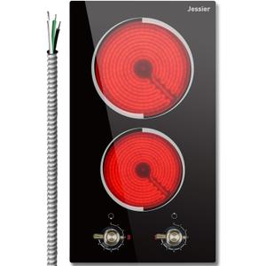 2 Burner Electric Cooktop - Built-in 3000W Two Burner Electric Stove, 220V Ceramic Cook Top with 9 Power Heating Levels, Knob Control, 220V - 240V Hard Wired (No Plug)