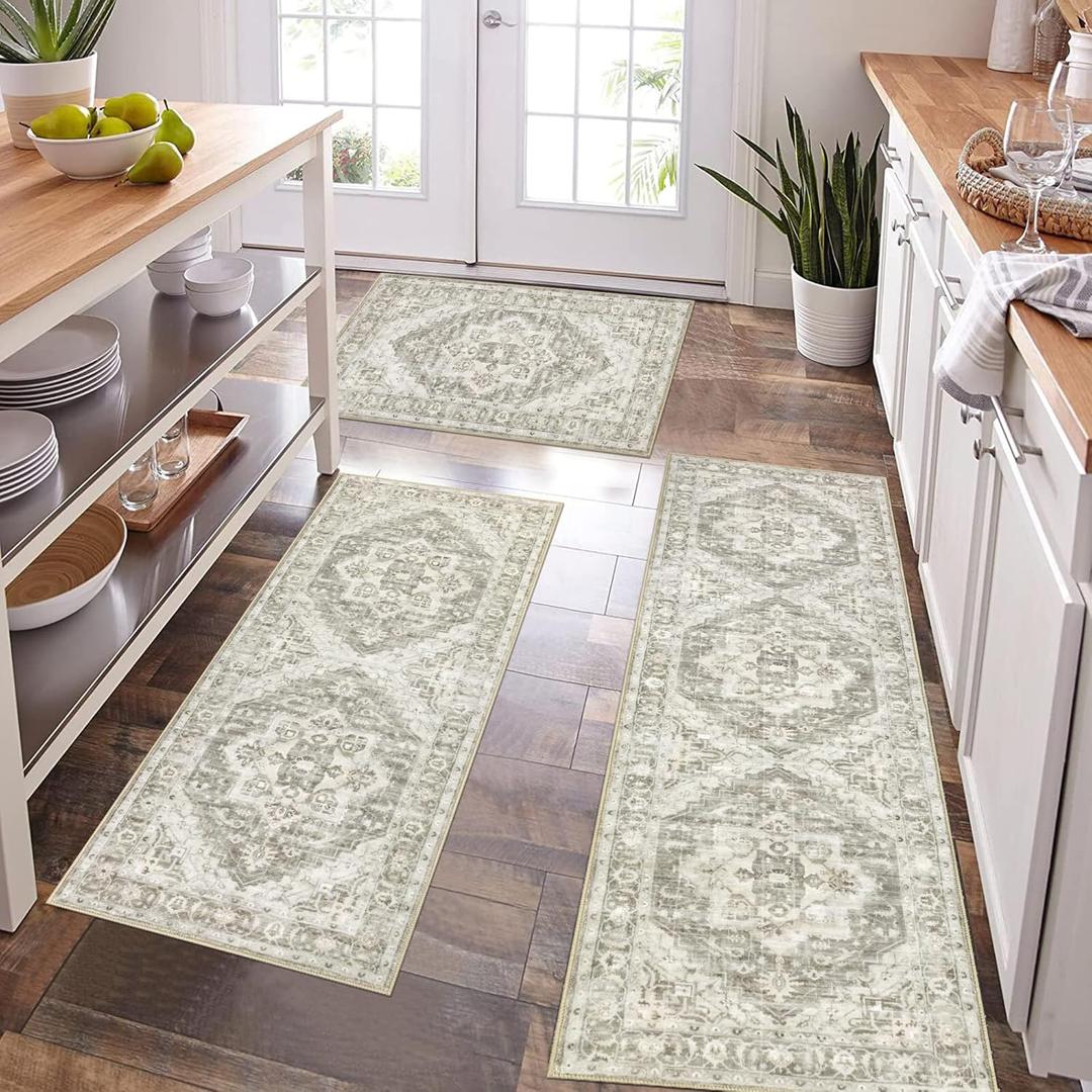 Pauwer Farmhouse Kitchen Rugs Sets of 3, Kitchen Runner Rugs Non Slip Washable, Boho Kitchen Mats for Floor, Indoor Door Mat Entrance, Laundry Room Rug, Thick Kitchen Floor Mat Carpet (20"x32"+20"x47"+20"x59", Taupe)