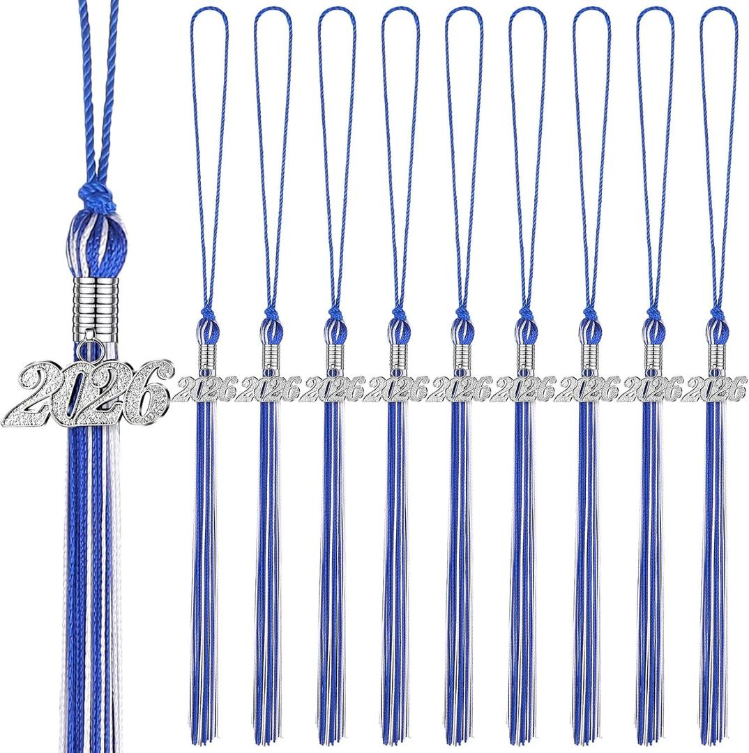 Chuangdi 10 Pieces 2026 Grad Graduation Tassels Graduation Cap Tassels with 2026 Charms Graduate Hat Decoration for School Party Favors(Blue and White, Silver)