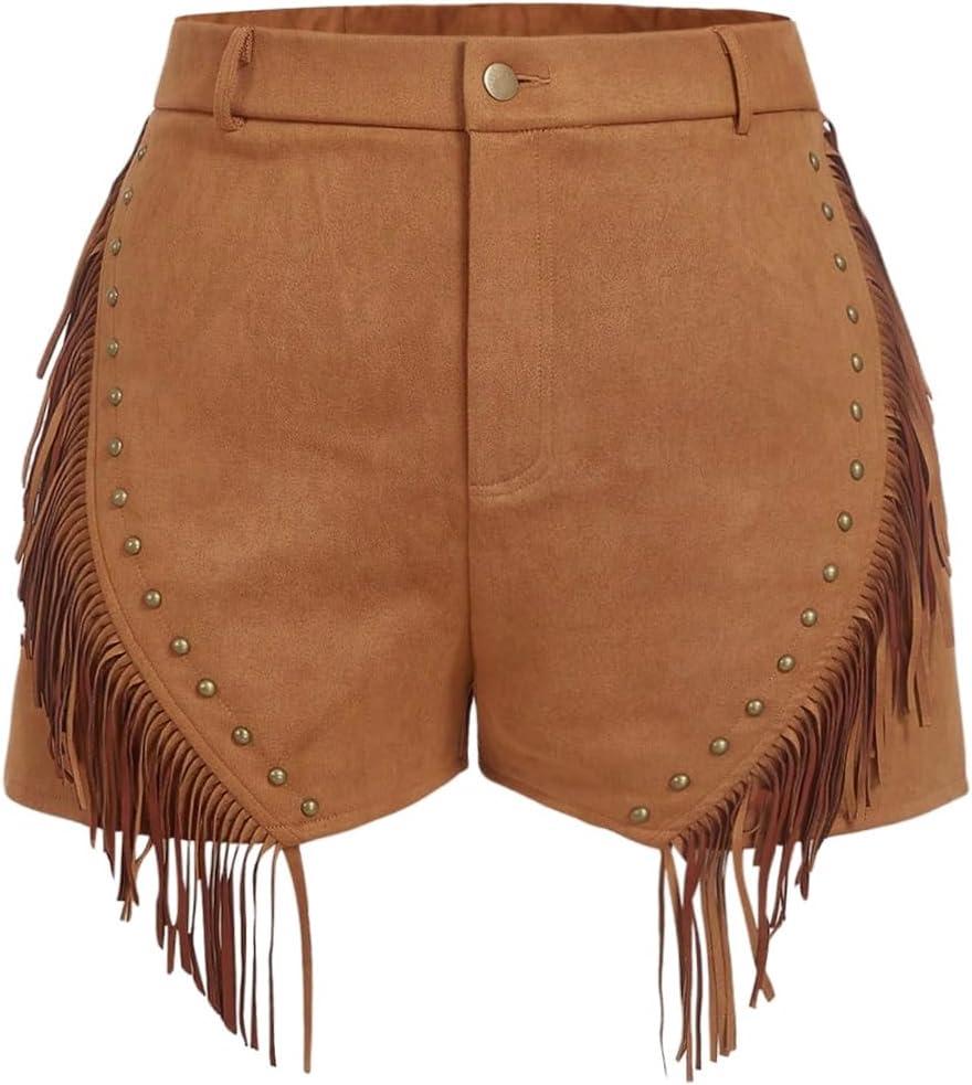 WDIRARA Women's Plus Size Fringe Shorts Western Concert High Waisted Faux Suede Shorts (Brown, XL)