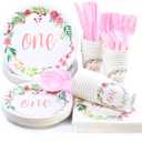 1st Birthday Decorations, Baby Shower Party Supplies, Disposable Paper Plates, Napkins, Cups, Knives, Spoons, Forks, Plastic Cutlery, Tableware Sets (Serves 24, 168 Pieces)