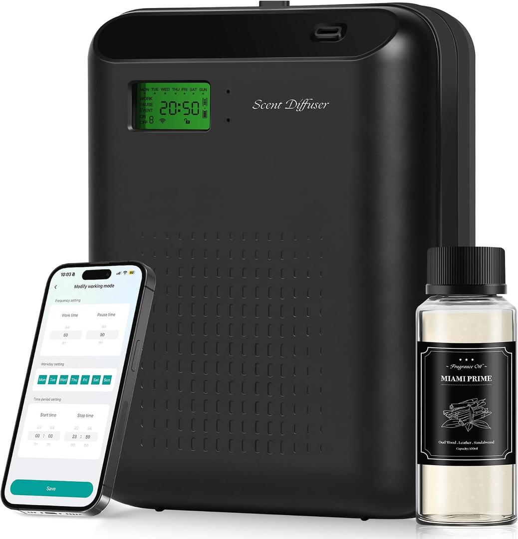 Scent Air Machine Starter Kit Waterless Diffuser for Home & Commercial Use, Hotel Scent Diffuser Includes 100ml Essential Oil, WiFi/Bluetooth Control, 2000 sq.ft Coverage, Wall-Mount & Desktop, Black