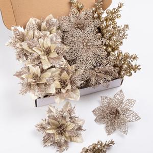 24Pcs Christmas Poinsettia Artificial Flowers and Glitter Berries Kit, 2 Styles Total 16Pcs Christmas Tree Flowers Ornaments, 8Pcs Christmas Tree Picks for Wedding Holiday Decorations, Champagne