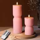 Pink Ribbed Flameless Pillar Candles with Remote, Flickering LED Candles Battery Operated Real Wax Set of 2