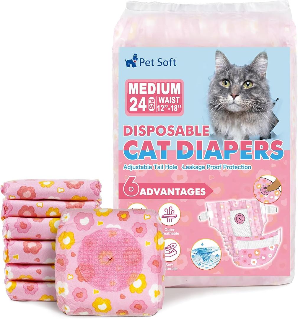 Pet Soft Disposable Cat Diapers - Diaper for Female & Male Cats, Puppy Doggie Diapers for Female Dogs with Adjustable Foam Tail Hole, Medium (24Pcs, PK Flowers)
