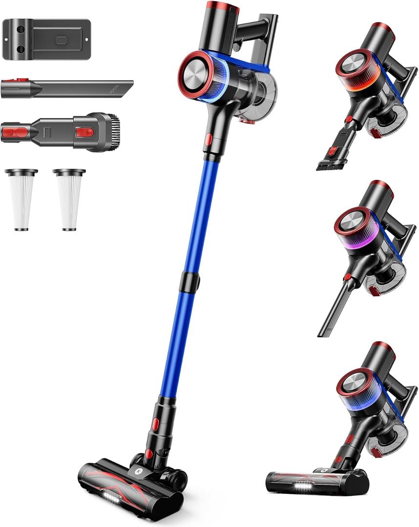 NADALY Cordless Vacuum Cleaner, 550W 45Kpa 65Mins Vacuum Cleaners for Home, Stick Vacuum with LED Display, Anti-Tangle, Self-Standing, 8-in-1 Lightweight Vacuum for Hardwood Floor/Carpet/Pet Hair (Blue+red)