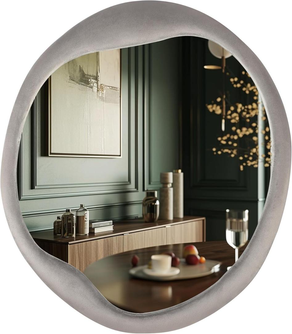 Irregular Asymmetrical Wall Mirror- 24"x28"Gray Felt Fabric Padded Wavy Wall Mirror for Living Room, Bedroom, Hallway,Dressing Room & Farmhouse-Circular Cloud Vanity Mirror Decorative (Grey)