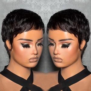 VRZ Pixie Cut Wig for Black Women Human Hair Pixie Wigs for Women Straight Human Hair Glueless Layered Full Machine Made Wigs Throw On and Go Wig for Daily Use Black Color (T66#RF Color)