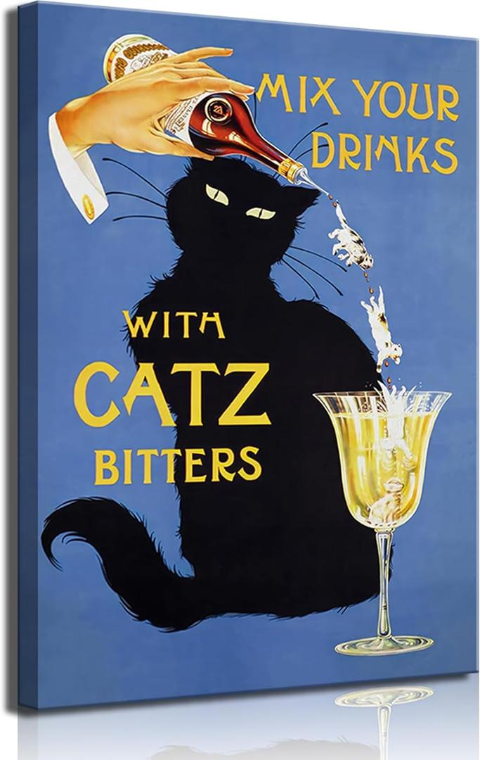 Vintage Black Cat Bar Canvas Wall Art Mix Your Drinks with Catz Bitters Posters Artwork Funny Bar Cart Painting Picture Wall Decor for Man Cave Kitchen Restaurant Home Decoration 12x16in Framed