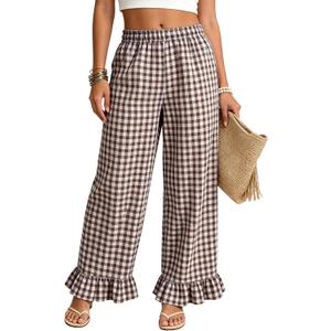 Flygo Womens Gingham Pants Cotton Wide Leg Ruffle Lounge Trousers (M)