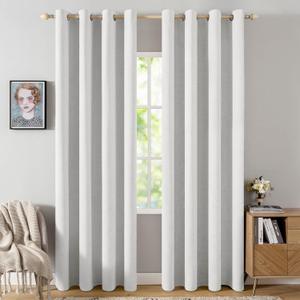 MIULEE 100% Blackout Linen Textured Curtains for Bedroom Solid Thermal Insulated Heathered White Grommet Room Darkening Curtains & Drapes Luxury Decor for Living Room 52 x 84 Inch (2 Panels)