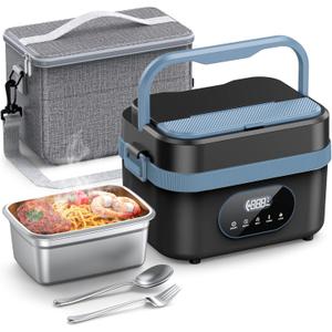 Cordless Electric Lunch Box for Adults, 18000mAh Rechargeable Portable Self-Heating Lunch Box Food Warmer, 1.5L(6 Cups) Container for Outdoor, Work, Office, Camping, TravelBlcakBlue (Large)