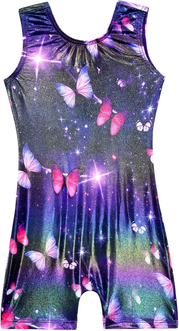 Domusgo Gymnastics Leotards for Girls Sparkly One Piece Sleeveless Tumbling Unitards (6-7 Years, Black Pink Butterfly)