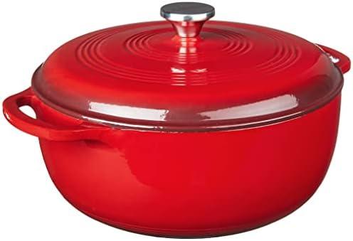 Lodge 7.5 Quart Enameled Cast Iron Dutch Oven with Lid – Dual Handles – Oven Safe up to 500° F or on Stovetop - Use to Marinate, Cook, Bake, Refrigerate and Serve – Island Spice Red