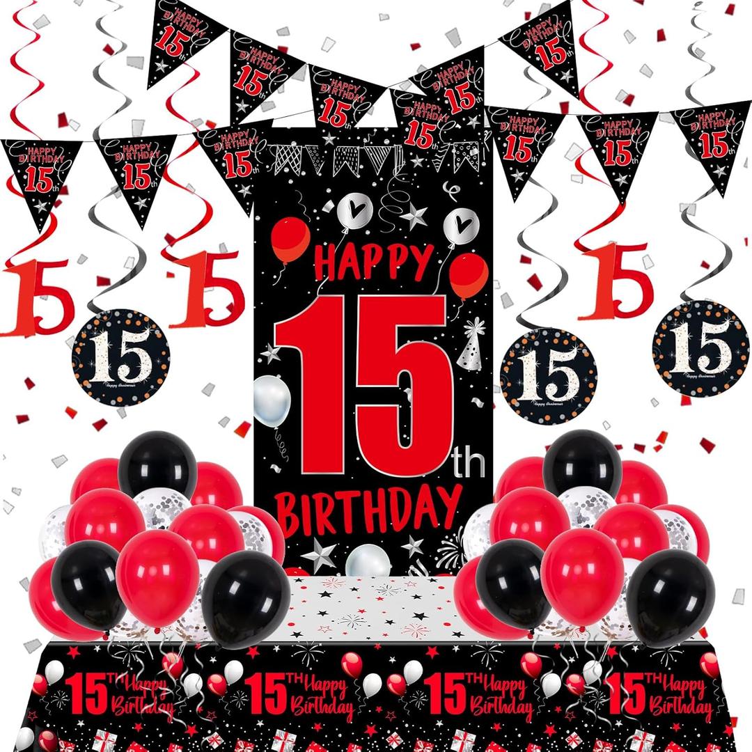 15th Birthday Decorations for Boys Girls, Red Black Happy 15th Birthday Decorations Boy Girl, Happy 15 Bday Banner Backdrop Balloons Tablecover Triangle Flag, 15 Year Old Boy Bday Party Supplies Decor