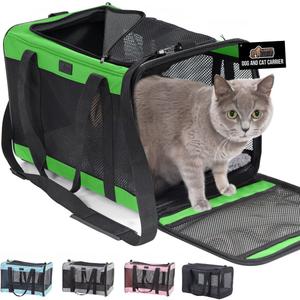 GORILLA GRIP Cat Carrier Travel Bag Up to 15 Lbs, Soft Collapsible Small Dog Carriers, Top and Side Entry Breathable Mesh, Grip Feet on Underside, Cozy Washable Waterproof Pad, Portable Kennel, Green (17.0"L x 11.0"W x 11.0"H)