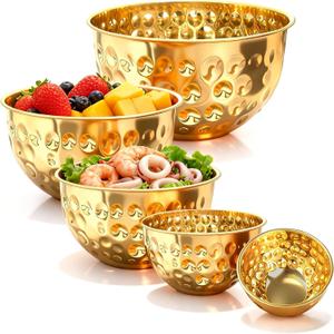 5-Piece Gold Mixing Bowls Set(4.9/4.2/3.2/2.1/1.6QT), Nesting Hammered Stainless Steel Mixing Bowls for Kitchen, Cooking, Baking, Salad and Home Decor, Dishwasher Safe