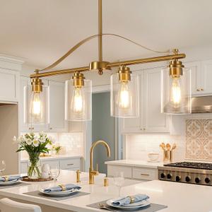 Island Light for Kitchen, 4-Light Linear Chandelier Pendant Lighting for Kitchen Island, Brushed Gold Dining Room Light Fixture Over Table with Clear Glass Shades