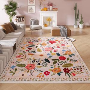 Living Room Rug 5x7 Rug Machine Washable Boho Area Rug Non Slip Floral Vintage Low Pile Large Rugs for Living Room, Bedroom, Farmhouse, Dining Room, Kids Playroom(Beige)