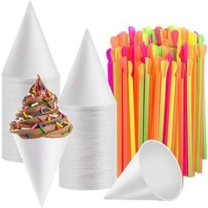 Disposable Snow Cone Cups, WXJ13 100 Piece 6 Ounce Shaved Ice Cups with 100 Piece Spoon Straws for Home Company Party