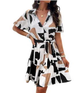 Women's Summer Casual Shirt Dress Short Sleeve V Neck Tie Waist Button Down Mini Dress Size XL