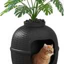 Hidden Litter Box with Faux Plant, Large Cat Litter Box with Rattan Pattern, Heavy Duty PP Material Litter Box Enclosure Furniture for Home Decor, Black