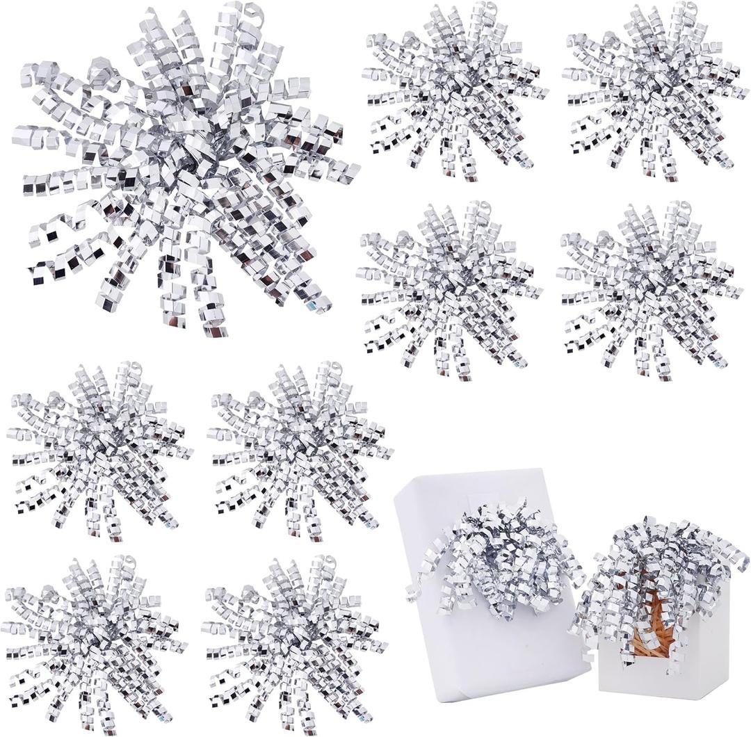 TONIFUL 6 Inch Silver Shiny Curly Ribbon Bows 8 Counts Self-Adhesive Gift Bows for Gift Wrapping, Boxes, Treat Bags, Wine Bottle- Christmas, Graduation, Valentines Party Decoration Supplies