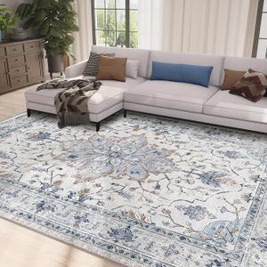 Area Rugs 8ftx10ft Washable Non-Slip, Floral Vintage Distress Print Pattern Medallion Carpet for Living Room Bedroom Dining Room, Blue Navy Beige Gray