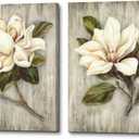ArtSquare Magnolia Floral Canvas Wall Art: White Flower Artwork on Wood Texture Rustic Nature Blossom Painting Elegant Nature Picture Ready to Hang Prints for Bedroom Kitchen Dining Room