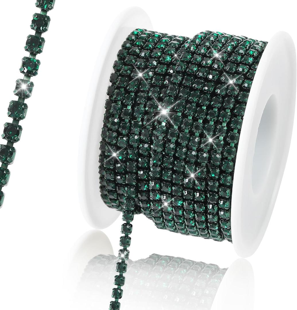 10 Yards 3 MM Rhinestone Chain Trim Crystal Rhinestone Close Chain Trim for Sewing Crafts, DIY Decoration, Jewelry, Clothing, Shoes (Dark Green-1)