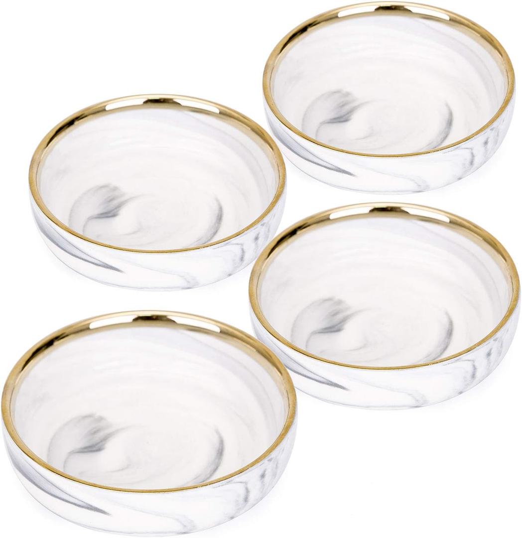 VanEnjoy 3.5 inches Marble Porcelain Side Dish Bowl Seasoning Dishes Soy Dipping Sauce Dishes-Set of 4, White with Gold Rim