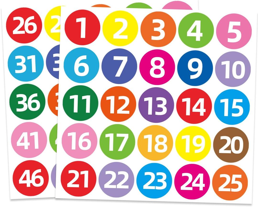 STARLIBOO Color Consecutive Number Stickers 1-50, 2 inch Vinyl Self Adhesive Removable Numbered Label, Ideal for Inventory, Storage, Organizing, Boxes, Lockers, Indoor/Outdoor