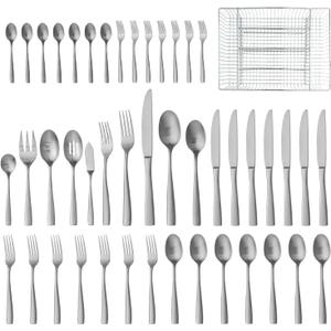 HIKAA Forged Silverware Set Stainless Steel Flatware Set,Service for 8,Matte Satin Polished Cutlery Set, with Serving Set and Metal Organizer (Matte Silver 45PCS)
