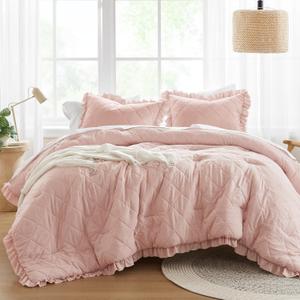Comfort Spaces Queen Comforter Set Ruffle Shabby Chic Comforter for Queen Size Bed, Prewashed Microfiber, Fluffy, All Season Queen Bedding, Shams, Country Cottage Decor, Full/Queen, Blush 3 Piece