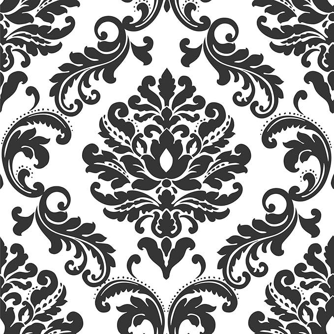 NuWallpaper NU1646 Ariel Black and White Damask Peel & Stick Wallpaper, Multicolor