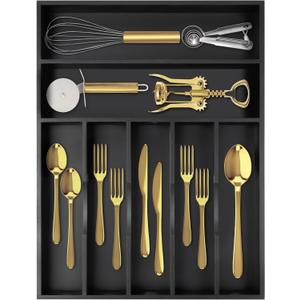 Silverware Organizer Bamboo Kitchen Drawer Organizer Utensil Organizer Silverware Holder Cutlery Organizer in drawer Flatware Organizer Tray (Black 7 Slots)