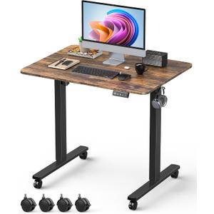 32" Small Electric Rolling Standing Desk Adjustable Height, Mobile Sit Stand up Desk with Lockable Casters for Home Office & Computer Workstation, Splice Board, 2 Hooks, Black Frame/Rustic Brown Top