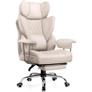 COMHOMA Big and Tall Office Chair, High Back Leather Gaming Chair with Footrest, Executive Ergonomic Office Chairs with Pocket Spring Lumbar Support and with Outward Fixed Soft Armrests