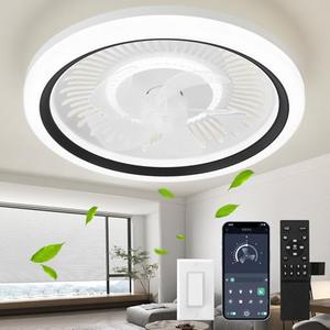 Ceiling Fan with Lights and Remote,20'' Low Profile Ceiling Fans with Lights, Fandelier Ceiling Fan Light,DC Quiet Motor,3000K-6500K Dimmable,Modern Flush Mount Fan for Bedroom,Black