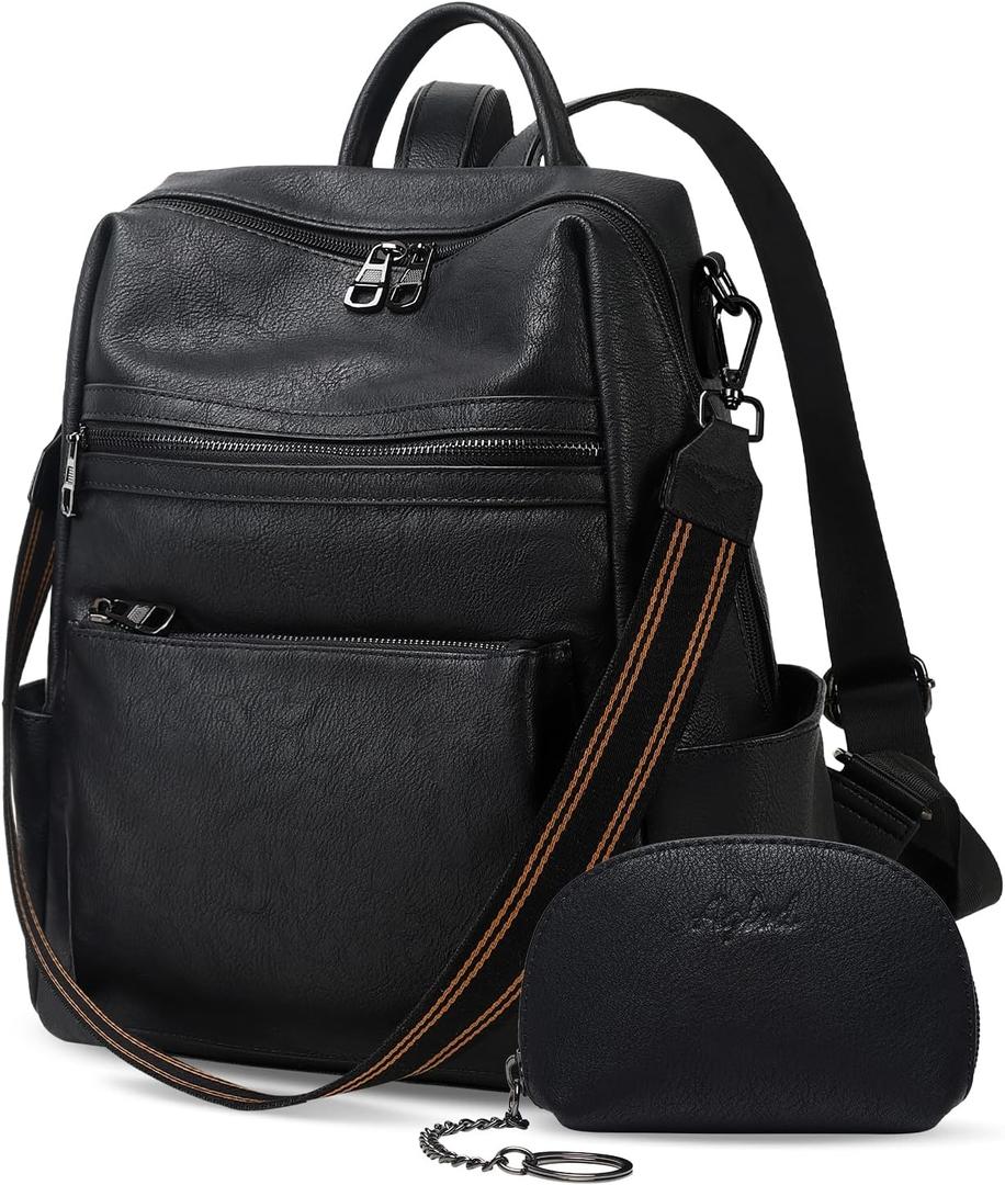 Leather Backpack Purse for Women Designer Ladies Shoulder Bag Fashion Faux Work Travel Handbags (Kcus22001-black)