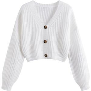 GORGLITTER Women's Button Up Cropped Cardigan Sweaters Chunky Long Sleeve 2025 Fall Coquette Cardigans White Small