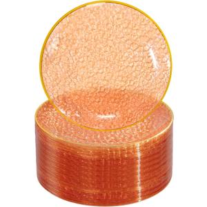 Rubtlamp 100 Pcs Clear Orange Gold Plastic Plates, Hammered Orange Party Plates,Heavy duty Dessert Plates,Disposable Salad/Dessert Platos,Clear Gold Plastic Platos 7 Inch for Party